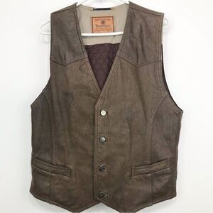 Vincistar Brown Leather Tan Canvas Quilted Button Up Vest